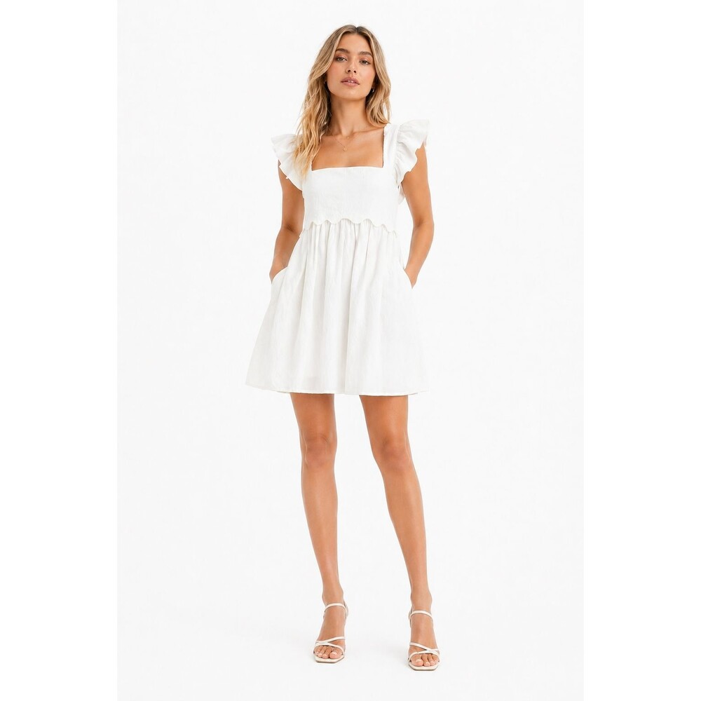 Entro White Babydoll Dress w/ Pockets Ruffle Sleeve Cottagecore Size M